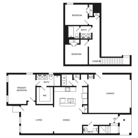 Floor plan for 3 beds, 2.5 baths, 1736 sqft